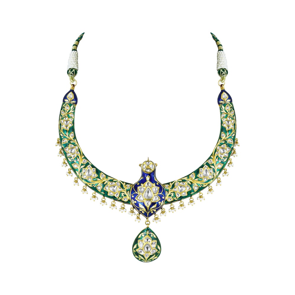 Peacock Motif Hasli Necklace with Polki and Enamel Detailing